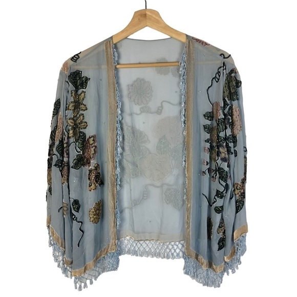 Vintage Light Blue Silk Beaded Floral Tassel Kimono S